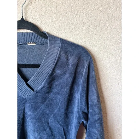 Vintage Velour V-Neck Pullover Sweater Blue Ribbed Trim Blouson XS Top Womens - Picture 4 of 7